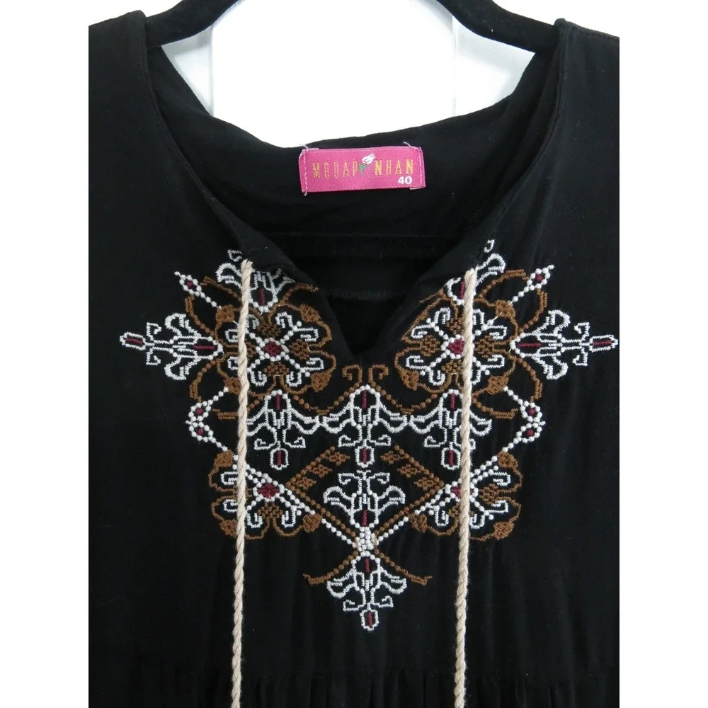 Modap Nhan Vintage Black Embroidered Rayon Maxi Dress 40 XS Whimsigoth Modest - Picture 3 of 8